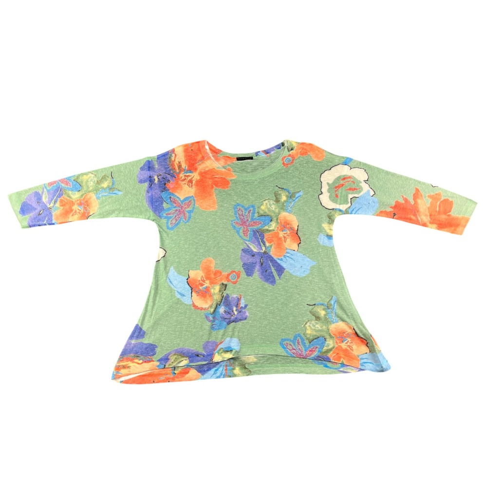 Nally & Millie Womens Green Floral Knit 3/4 Sleeve Top Medium Made in USA